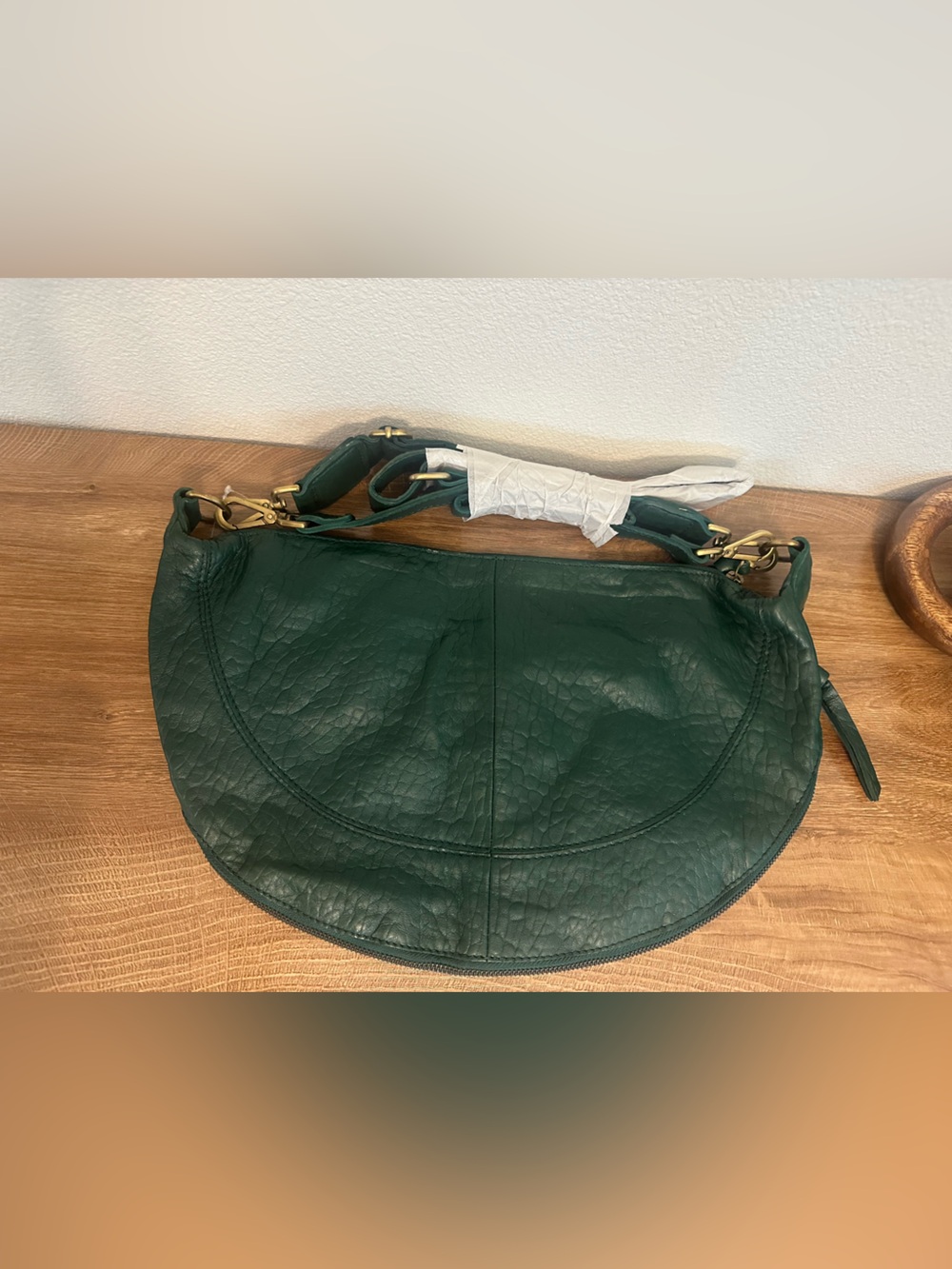 Anthropologie green crescent leather shoulder bag featuring gold-toned hardware - Picture 2 of 5